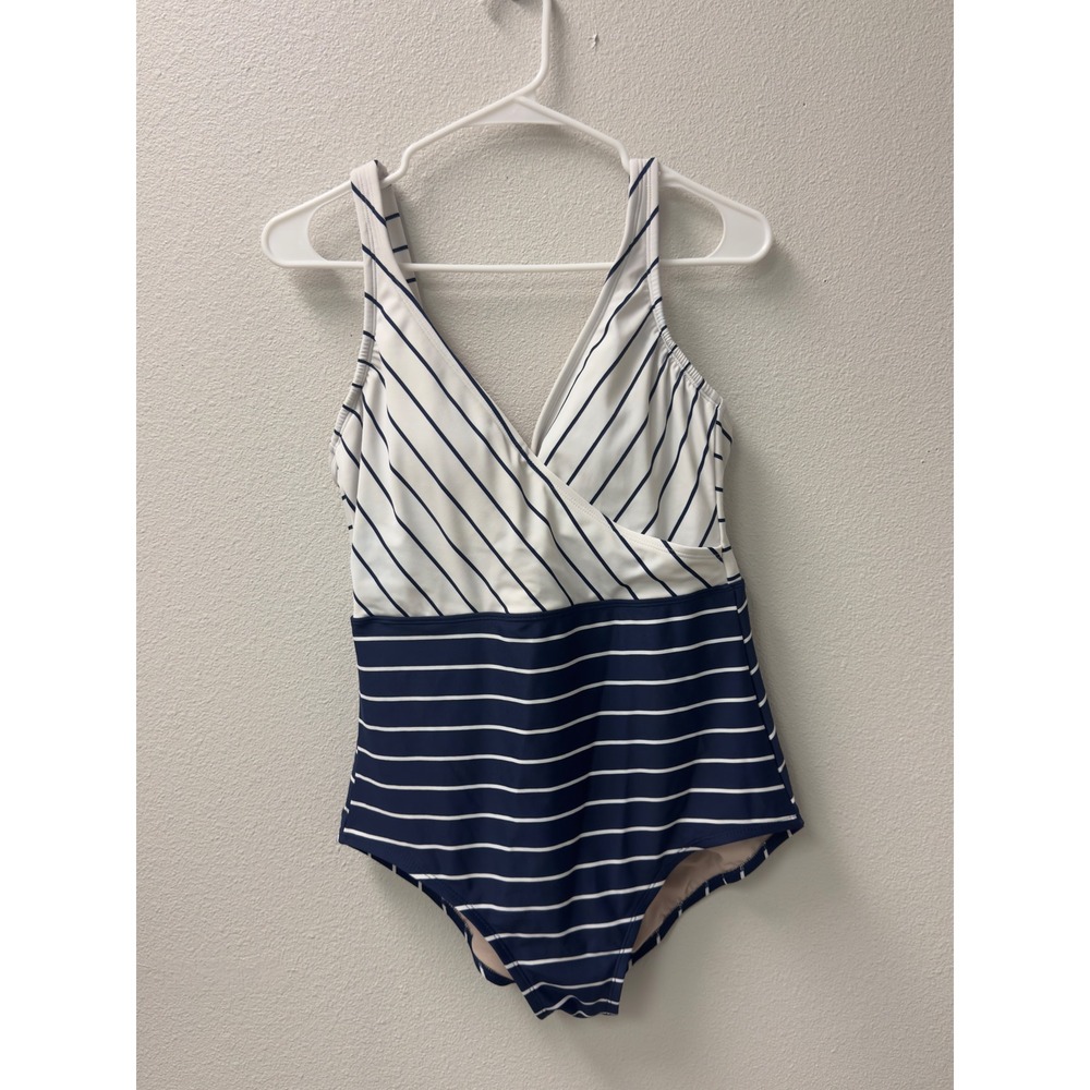 Kona Sol Striped One Piece Swimsuit M Navy White Wrap V‎ Neck Nautical Slimming